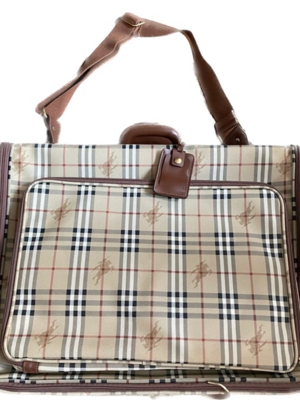 Burberry Beige Tan Check Travel Bag with Brown Leather Trim